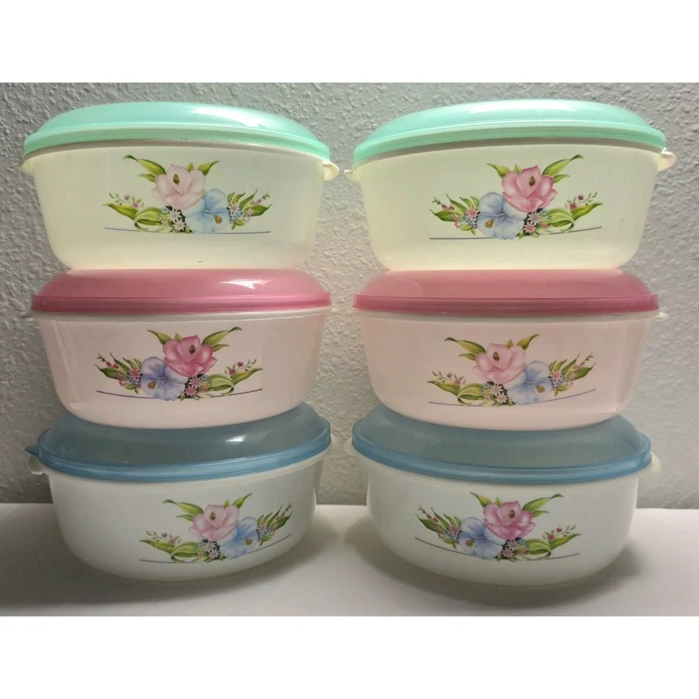 Ratan Vintage Floral Food Storage Bowls Pastel Lids Kitchen Containers Lot Of 6